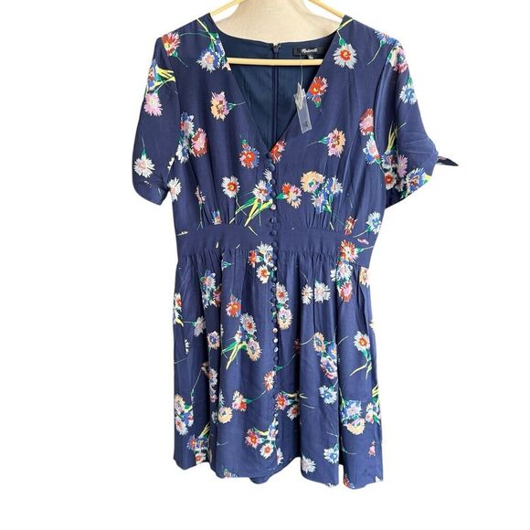 Madewell Silk Button-Front Tie-Sleeve Retro Dress in Flutter-By Floral Sz 8 NWT - Picture 1 of 11